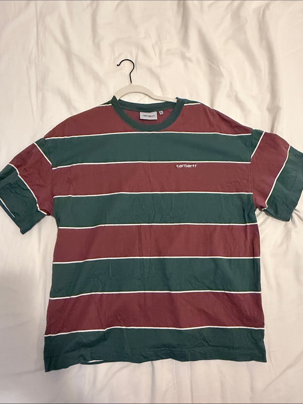 Carhartt Short Sleeve Striped Tee in Burgundy and Forest Green